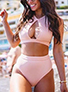 Two Piece High Waisted Pink Swimwear - Large Keyhole Cutout Top